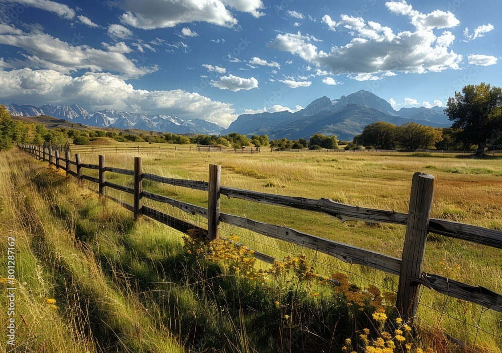 Wooden fence in front of a grass field and mountain landscape