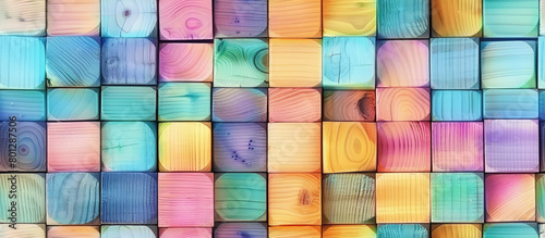 Fototapeta Naklejka Na Ścianę i Meble -  Rainbow colors wooden square pastel cubes, abstract background seamless pattern texture. 3D render illustration style. Background for wallpaper, tapestry, cloth, fabric printing, web.