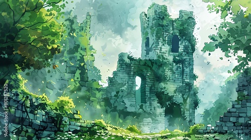 enchanted castle ruins surrounded by lush green trees in a digital painting