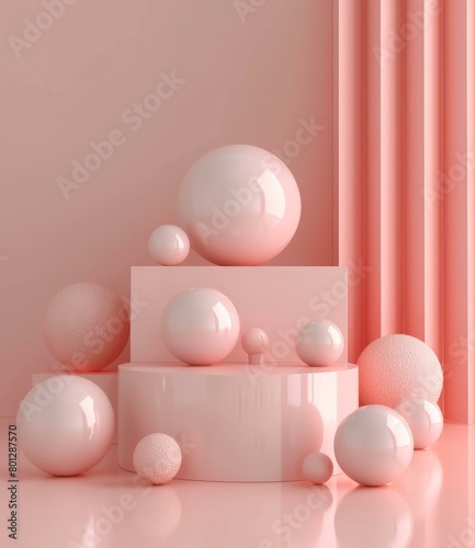 Pink pastel podium and spheres abstract background