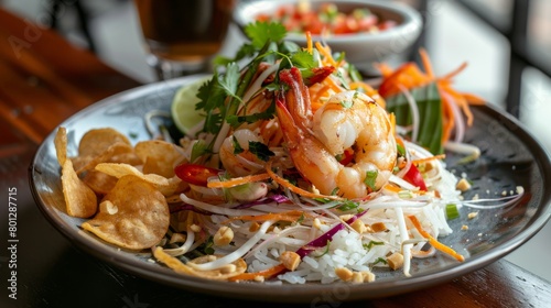 A plate of Thai papaya salad served with crispy shrimp chips and a side of Thai jasmine rice  offering a delightful combination of flavors and textures.