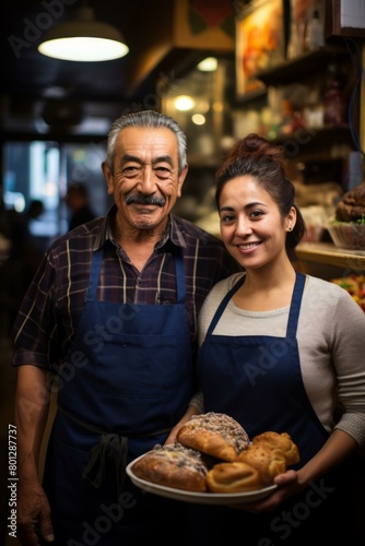 Portrait of a smiling Hispanic father and daughter in a bakery