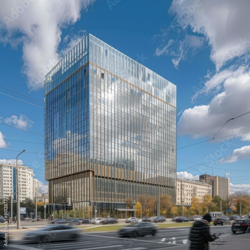 A modern glass skyscraper with a bronze frame reflecting the sky and clouds