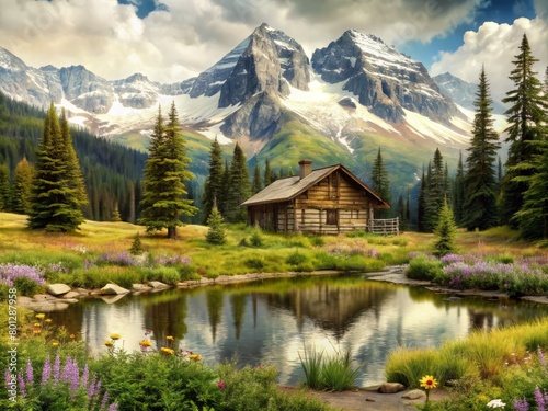 Large log cabin surrounded by forest, with a small pond, with snow-capped mountains in the background.