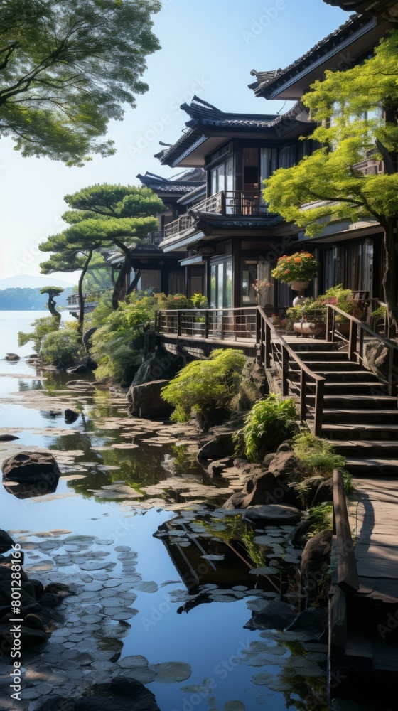 The beauty of a traditional Japanese house by the lake