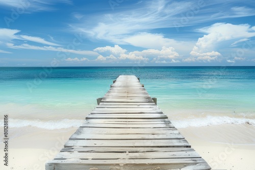 Wooden pier stretching into azure water on beach  merging with horizon