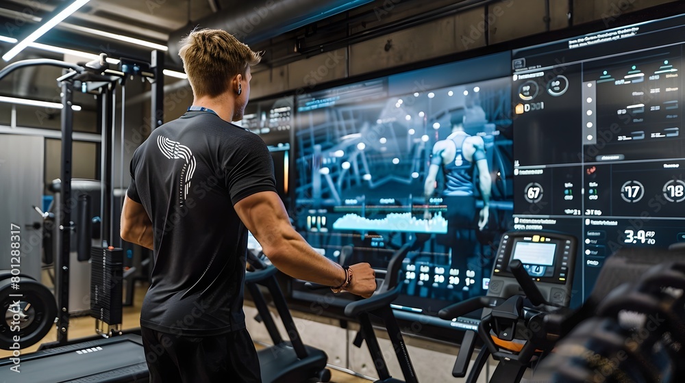 Athlete Training with Advanced Biometric Monitoring System in High-Tech Gym