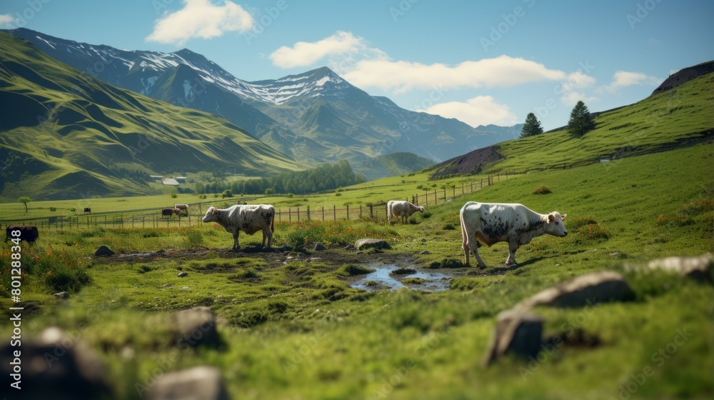 Five cows grazing in a lush green pasture on a sunny day with mountains in the distance