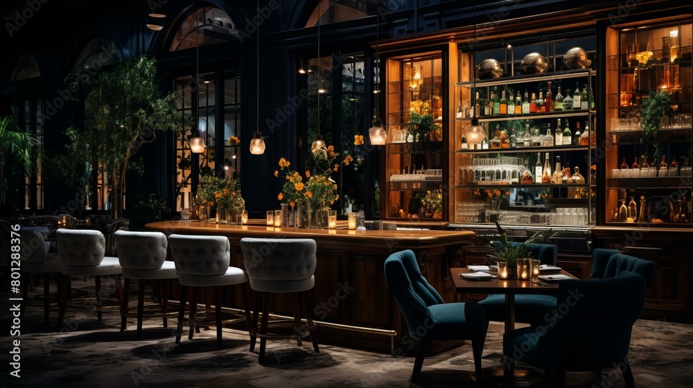 Luxurious bar interior with dark wood, leather, and marble