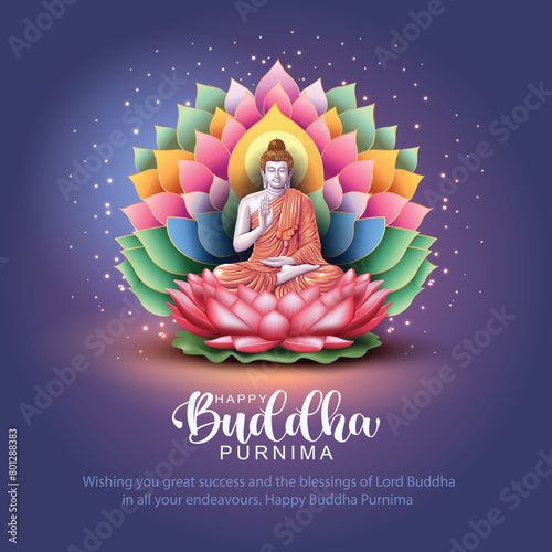 Happy Vesak Day, Buddha Purnima wishes greetings with buddha and lotus illustration. Can be used for poster, banner, logo, background, greetings, print design. abstract vector illustration design.