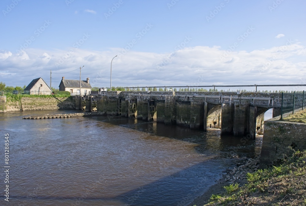 Carentan les Marais, France - Apr 20, 2024: FLOTS doors of the Barquette in Carentan les Marais. Strategic place during second world war to flood the surrounding area. Sunny spring day Selective focus