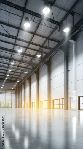 Large empty warehouse interior with shiny concrete floor and bright led lights on the ceiling