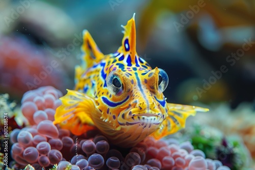 A colorful reef fish with blue spots and yellow fins