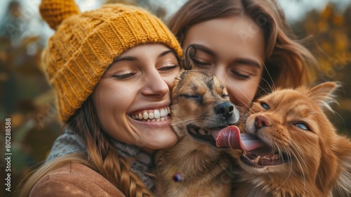 Craft an image depicting pets sharing a joke with their owners photo