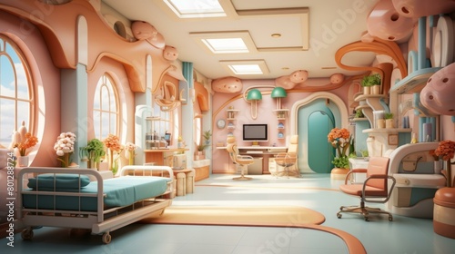 The interior of a futuristic hospital room