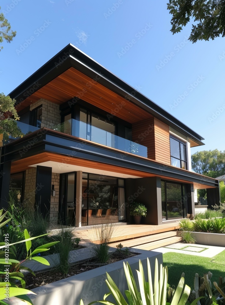 Fototapeta premium Modern Architectural Masterpiece with Expansive Windows and Lush Landscaping