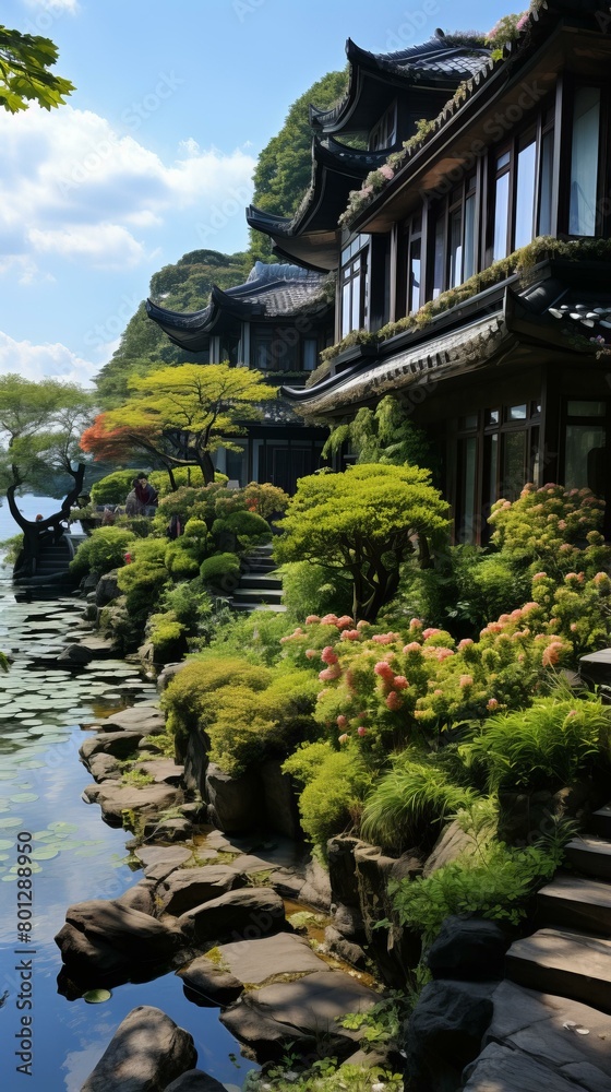 Japanese garden with a pond and a house