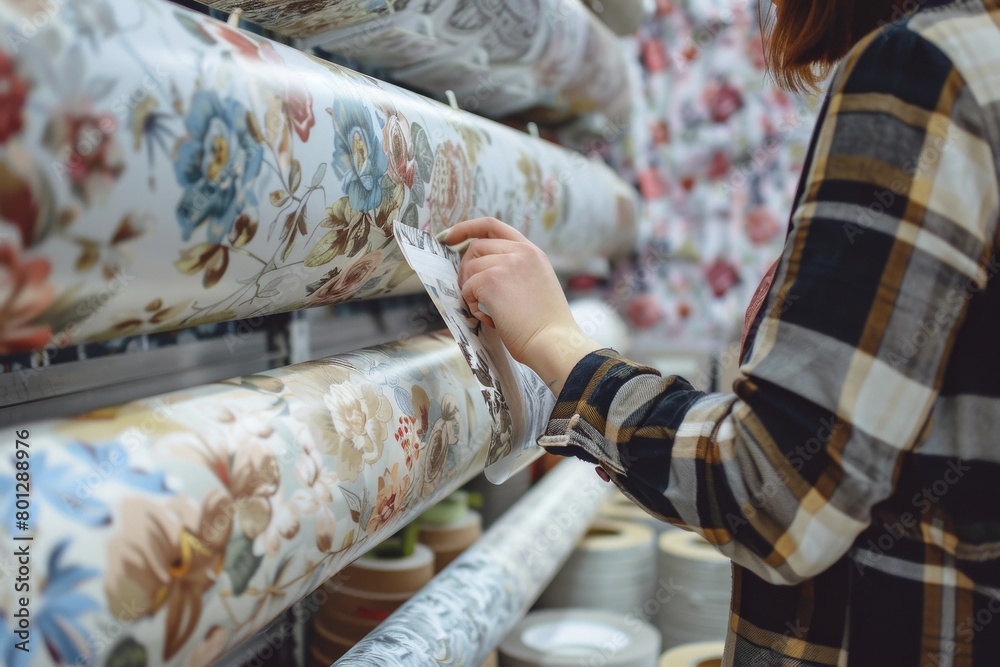 A person examining two distinct wallpaper patterns in a home improvement store, considering options for their living space. A person examining two distinct wallpaper patterns in a home improvement store, considering options for their living space.