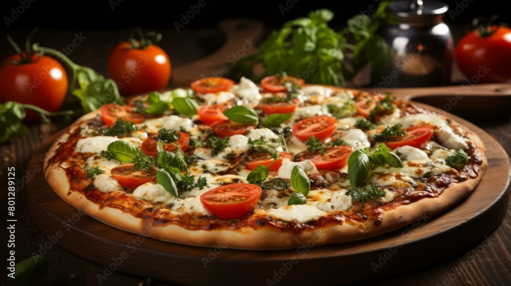 A delicious pizza with fresh tomatoes, basil, and mozzarella cheese A delicious pizza with fresh tomatoes, basil, and mozzarella cheese