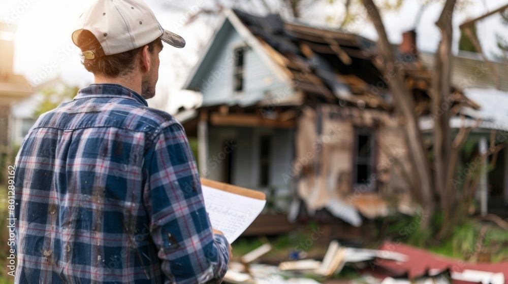 A homeowner inspecting their property for damage after a storm, with an insurance adjuster taking notes nearby