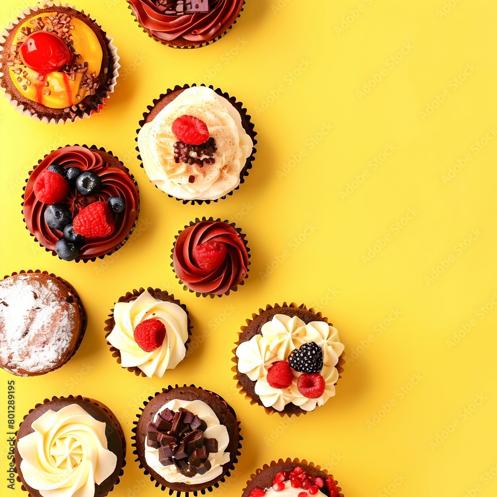 Cakes on yellow background, top view Cakes on yellow background, top view