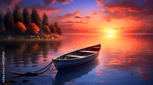 The beauty of dusk unfolds in this enchanting scene, with the solitary boat gently bobbing on the peaceful waters against the backdrop of the setting sun © Ms