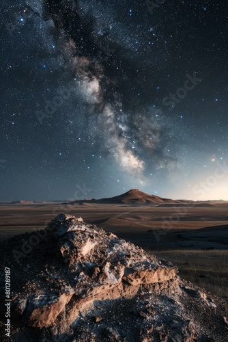 Amazing view of the night sky full of stars and a large rock formation in the foreground