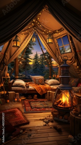 Cozy and warm tent with a view of the sunset