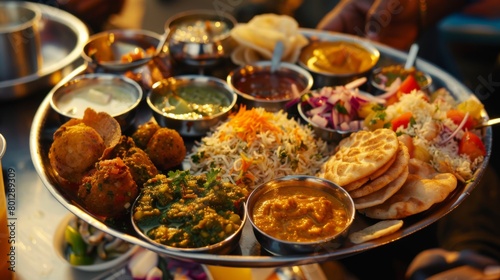 A plate-sized thali filled with regional street food specialties like chaat, pakoras, and vada pav, offering a delightful culinary adventure through India's bustling markets. photo