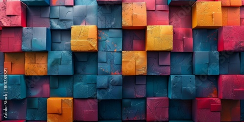 Colorful 3D rendering of a geometric cube wall with a grunge texture.