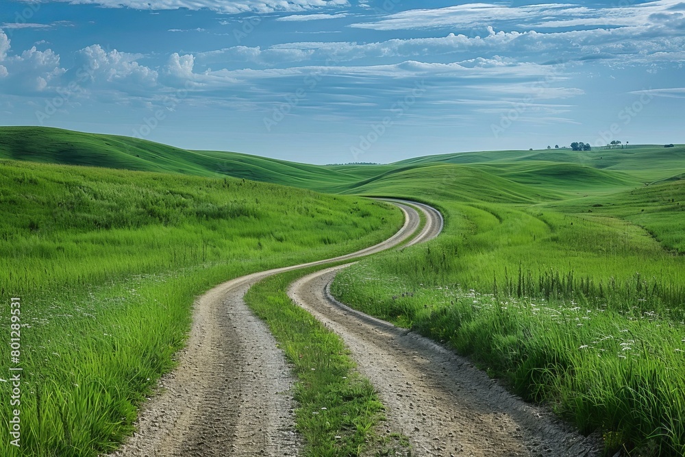 Scenic view of a rural road winding through green hills Scenic view of a rural road winding through green hills