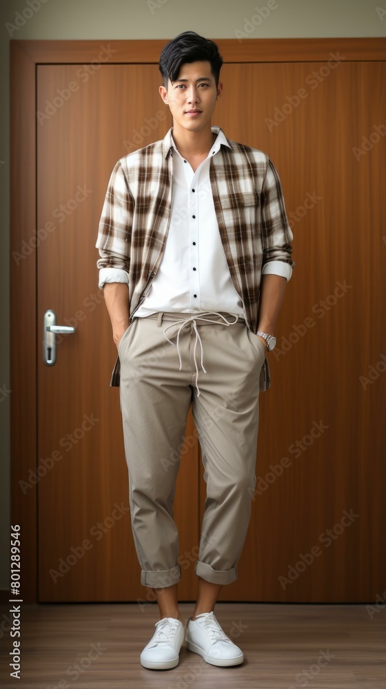 Asian man wearing a white shirt, brown plaid shirt, and khaki pants Asian man wearing a white shirt, brown plaid shirt, and khaki pants