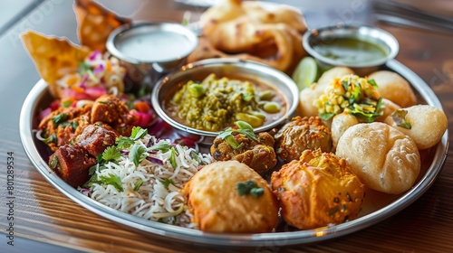 A plate-sized thali filled with regional street food specialties like chaat, pakoras, and vada pav, offering a delightful culinary adventure through India's bustling markets.