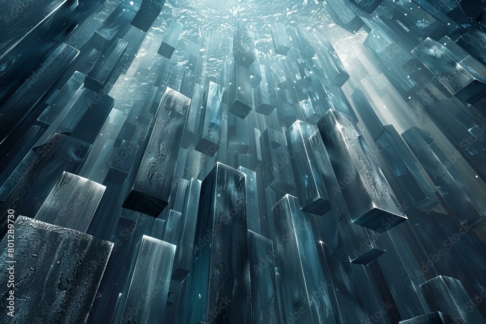 Fototapeta premium Blue rectangular prisms floating in a large body of water