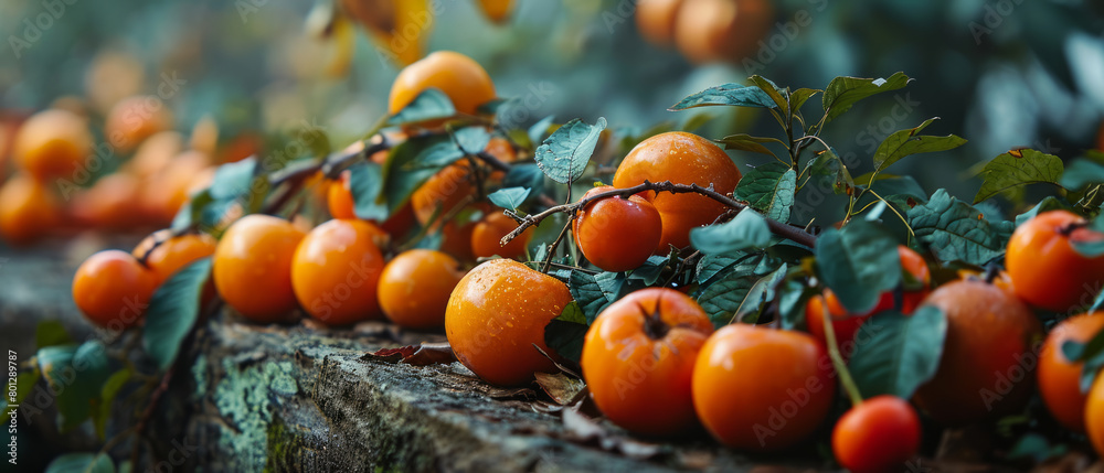 A bunch of oranges are hanging from a tree A bunch of oranges are hanging from a tree