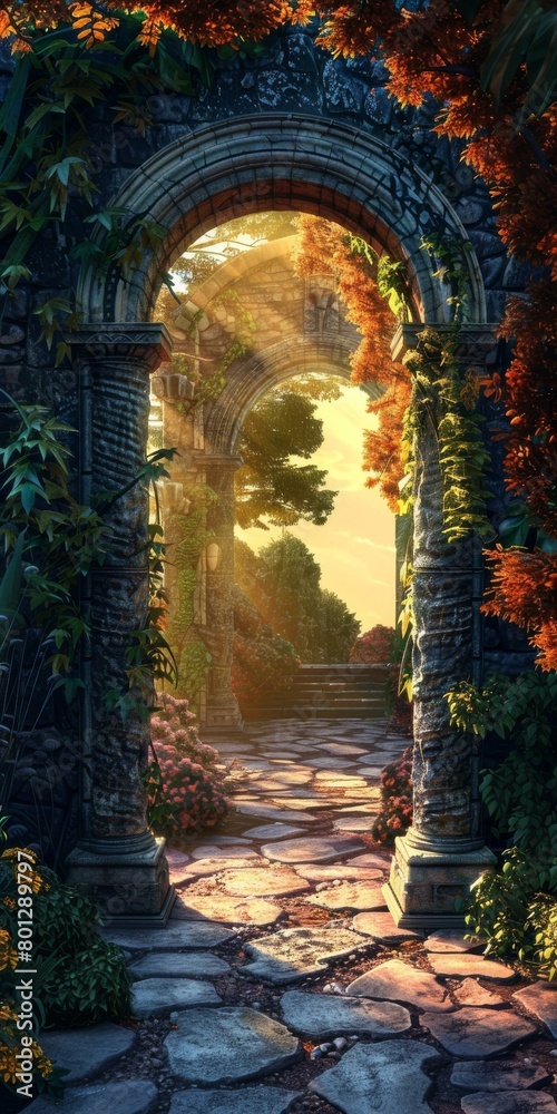 Mystical stone archway in a magical garden