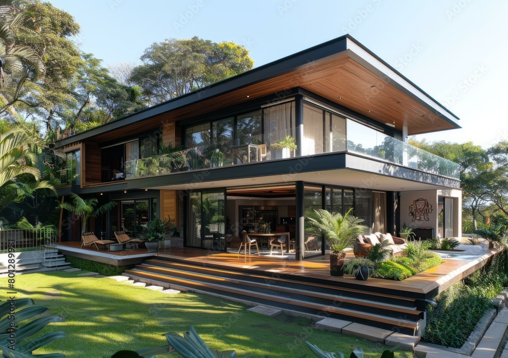 Modern two-story house with large glass windows and a spacious terrace Modern two-story house with large glass windows and a spacious terrace