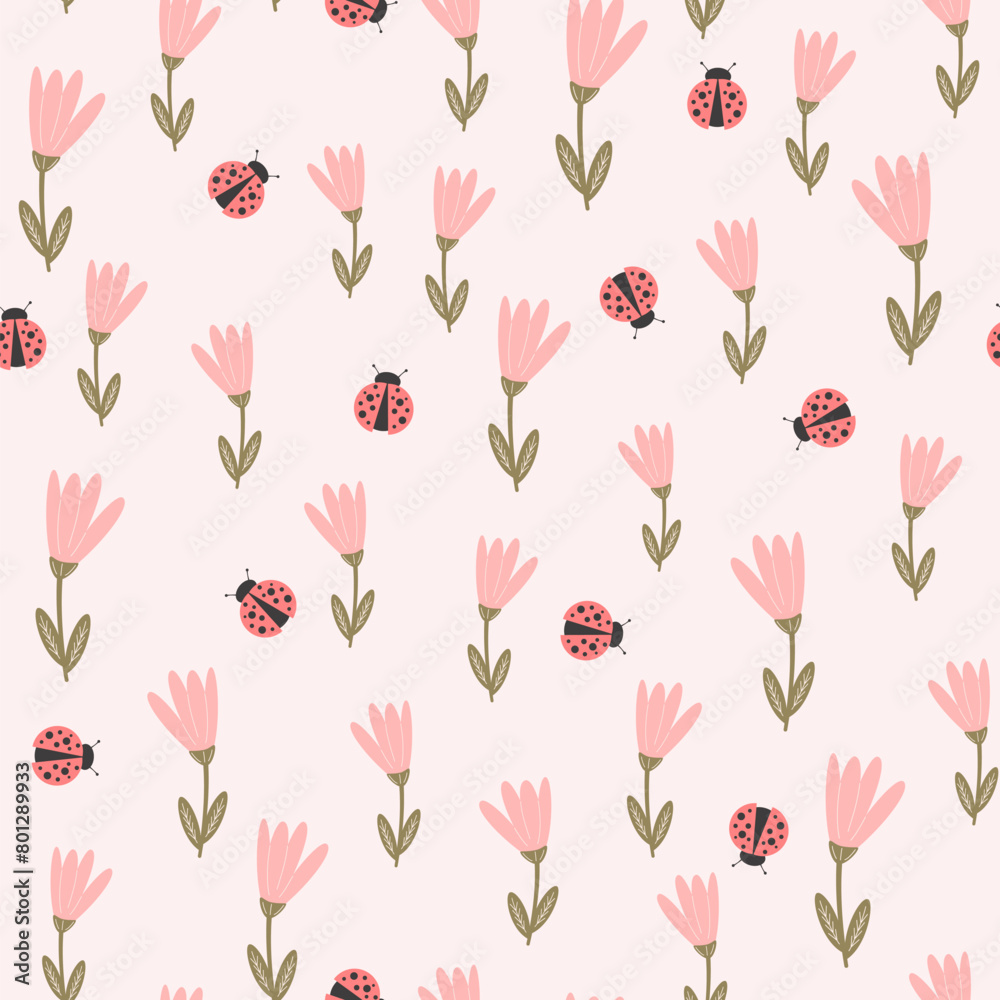 cute hand drawn pink flowers and red ladybugs seamless vector pattern illustration on pastel background	