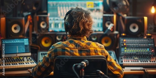 Male audio engineer working at mixing console in sound recording studio photo