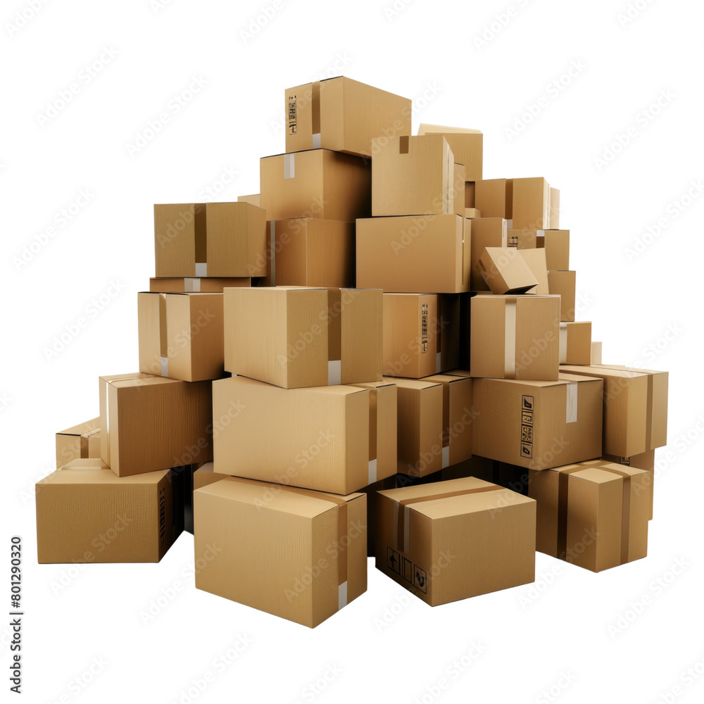 Cardboard boxes piled high isolated on transparent background Cardboard boxes piled high isolated on transparent background