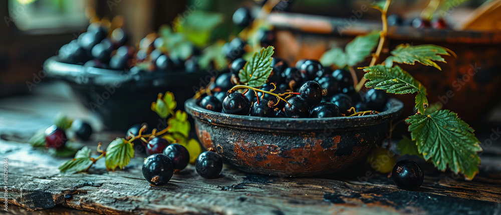 A bowl of black berries with leaves on the table