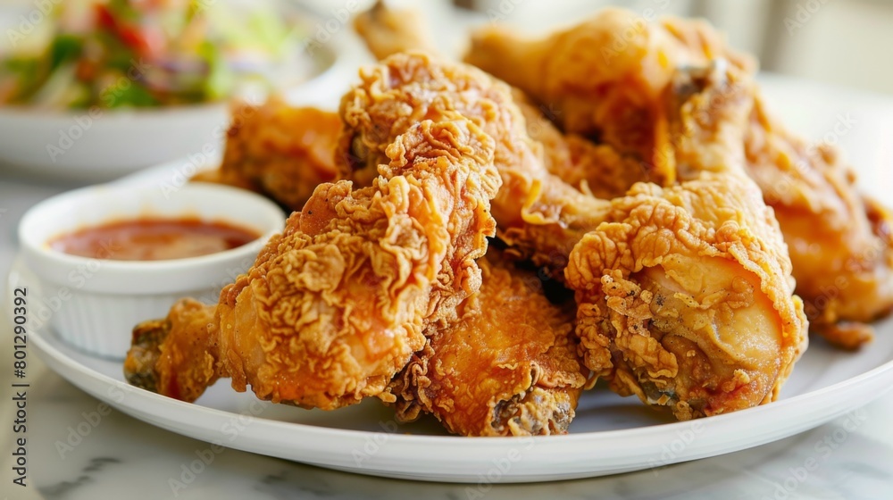 A platter of golden crispy fried chicken served with dipping sauce, inviting viewers to indulge in the savory goodness of Thai fried chicken. A platter of golden crispy fried chicken served with dipping sauce, inviting viewers to indulge in the savory goodness of Thai fried chicken.