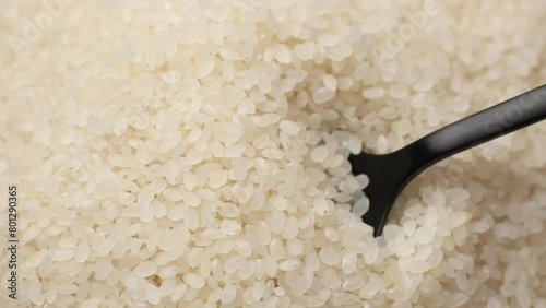 Raw rice camolino take with spoon, close up photo