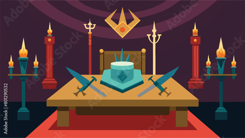 The table at the center of the room is adorned with various weapons symbolizing the power and strength of those who gather there..