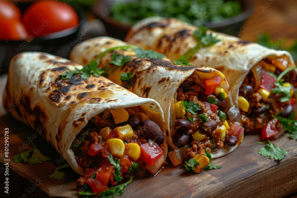 Grilled burritos wraps with chicken, beans, corn, tomatoes and avocado