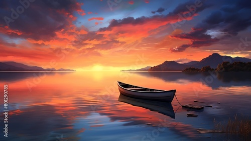 The tranquil beauty of twilight unfolds in this captivating image, with the solitary boat gently rocking on the calm waters under the colorful palette of the setting sun