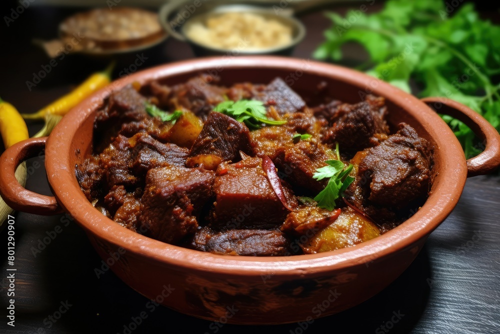 A bowl filled with beef kala bhuna stew placed on top of a wooden table. Generative AI A bowl filled with beef kala bhuna stew placed on top of a wooden table. Generative AI