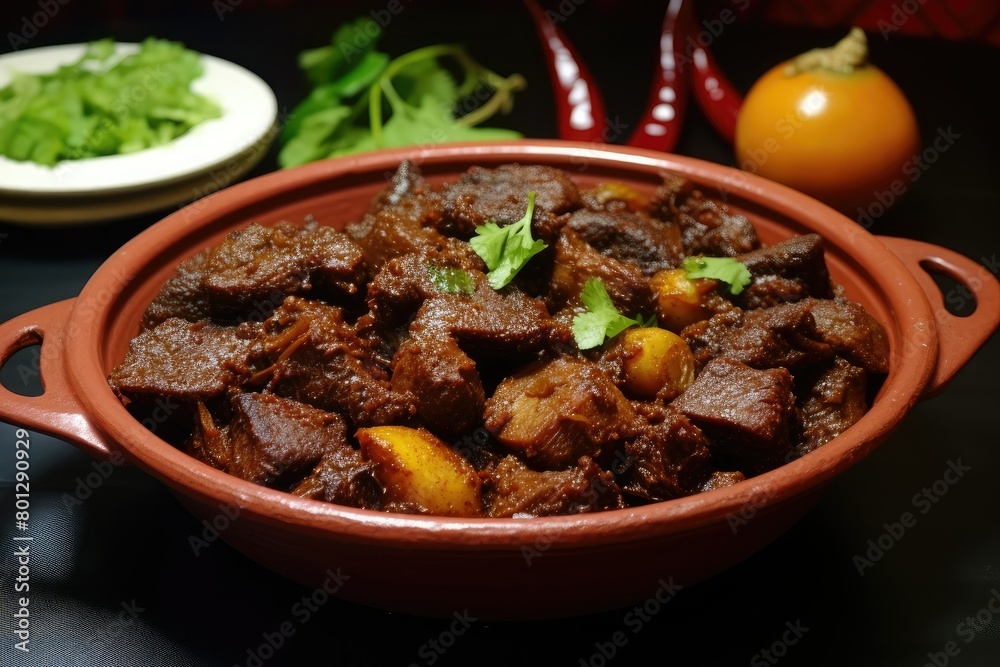 A bowl filled with Bengali beef kala bhuna curry sits on top of a wooden table. Generative AI A bowl filled with Bengali beef kala bhuna curry sits on top of a wooden table. Generative AI