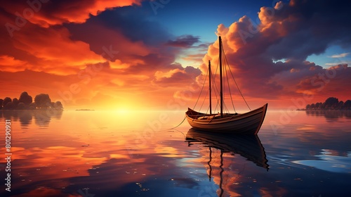 The tranquil waters mirror the fiery sky as the sun sets, enveloping the solitary boat in a warm embrace against the backdrop of the ocean horizon photo