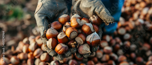 A person is holding a handful of nuts, including some almonds